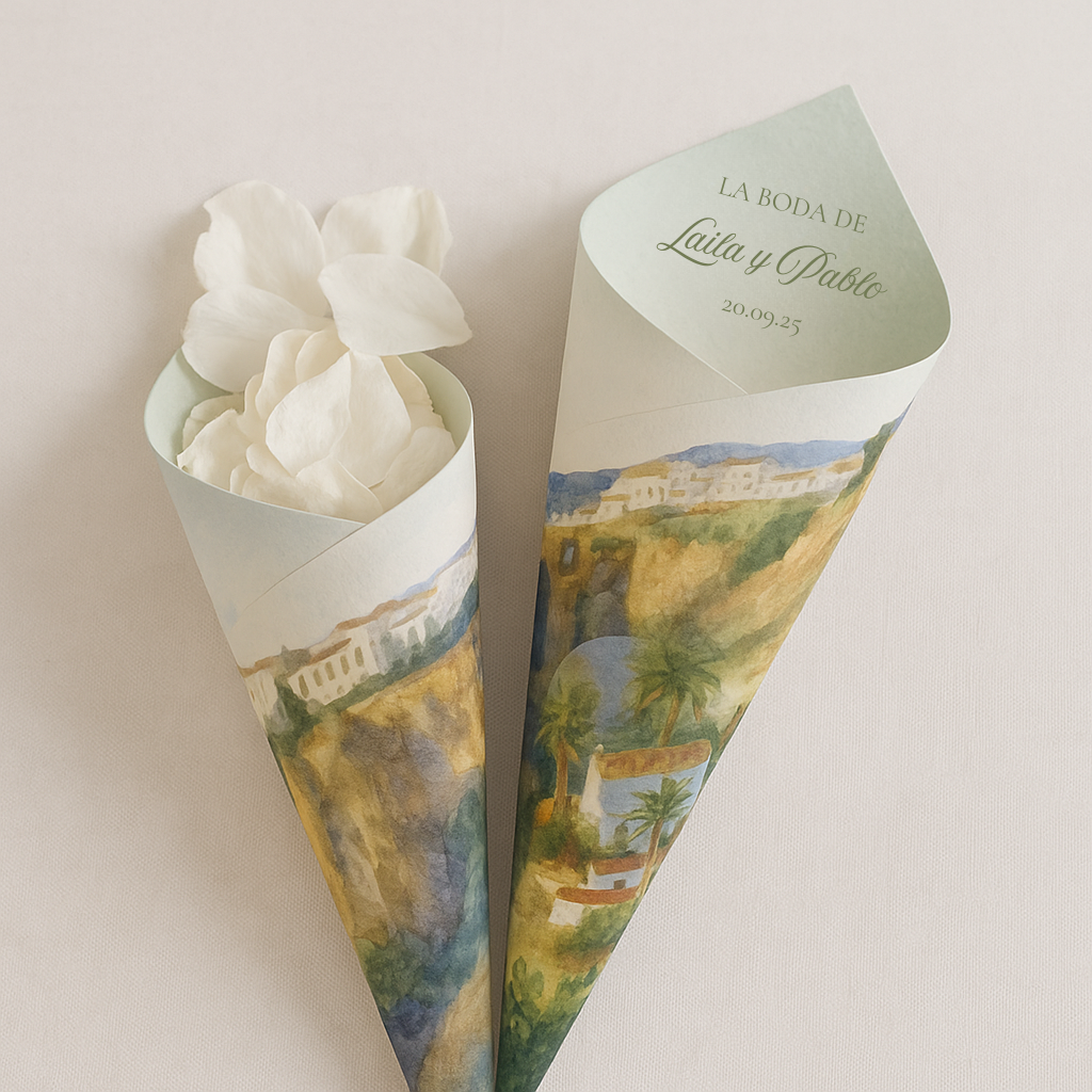 Conos de Pétalos, Arros y Confetis Personalizados para Boda